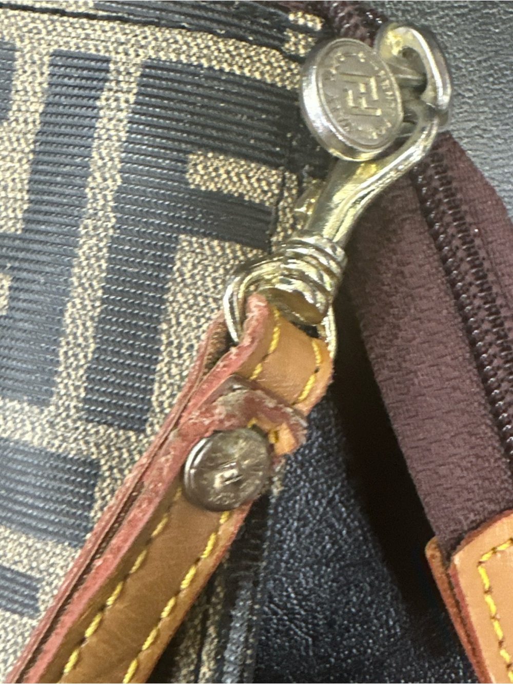 Fendi Brown and Gold Zucca Logo Button Detail